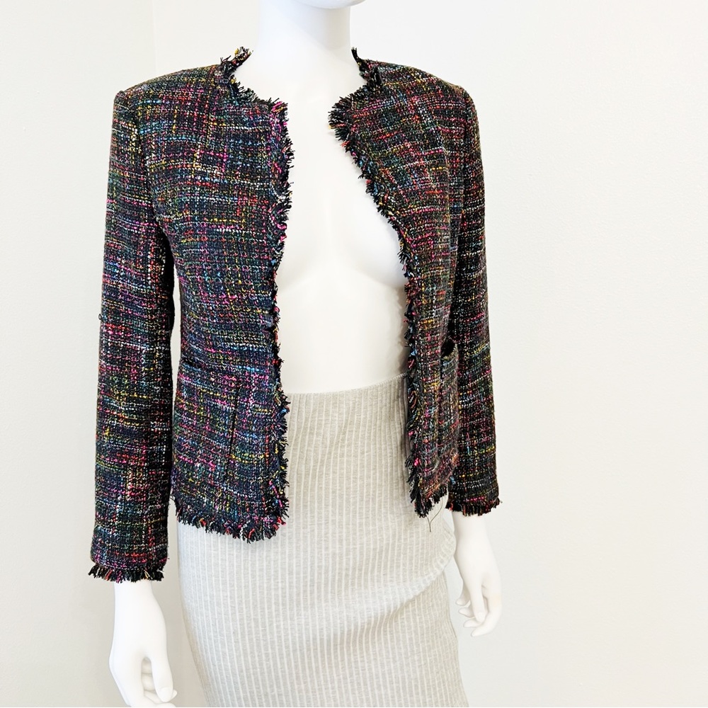 H&M Multicolor Tweed Fringed Open Blazer Jacket